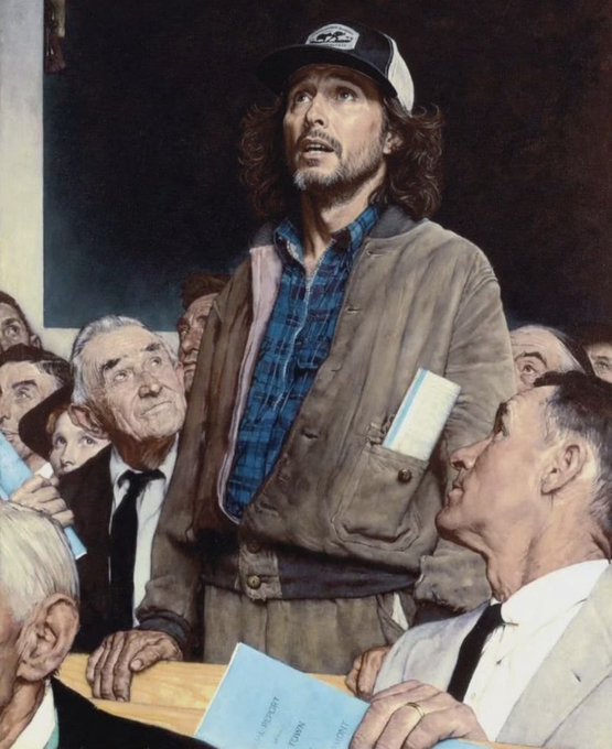 A man wearing a cap with "Gulf" text and a worn jacket stands amidst a crowd of formally-dressed onlookers, holding a blue pamphlet with partially visible text reading "History" and "Town." The image, evoking the Norman Rockwell-style "Freedom of Speech" painting, humorously frames the everyday crypto launch announcement ($TBB) as a heroic, monumental act of civic expression.