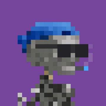 A low-resolution, pixelated digital artwork on a purple background showing a futuristic or cyborg figure with a blue helmet, black visor, and what appears to be a cigarette in its mouth.