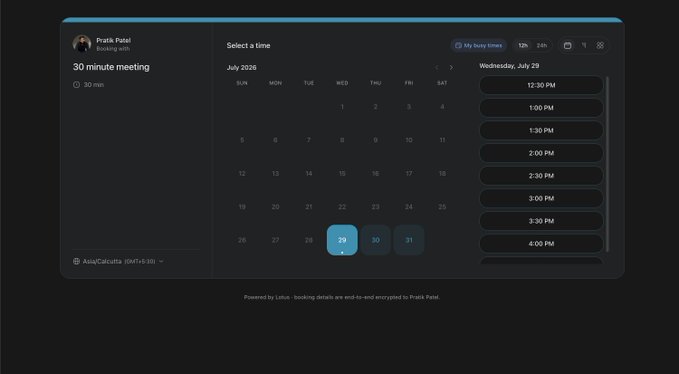 A dark-themed calendar booking interface titled '30 minute meeting' with 'Pratik Patel', showing date selection for July 2026 and available time slots from 12:30 PM to 4:00 PM.