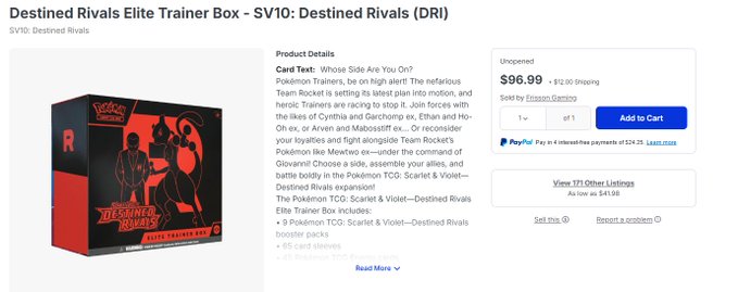 A product page for the 'Destined Rivals Elite Trainer Box' priced at $96.99, featuring Pokémon TCG merchandise including a Scarlet & Violet—Destined Rivals expansion with booster packs and sleeves.