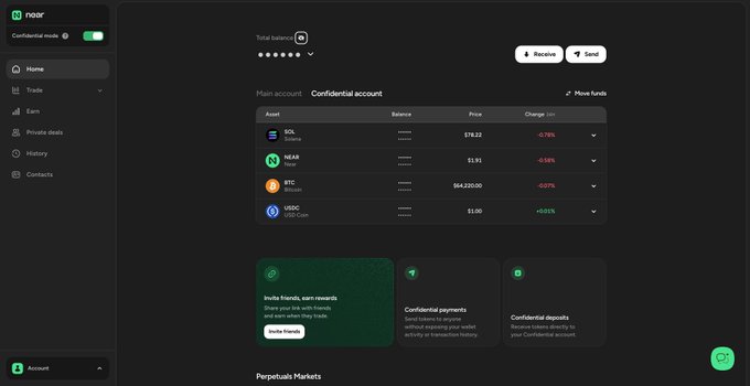 A dark-themed cryptocurrency wallet interface called 'noir' showing a Confidential account with balances for SOL ($78.22), NEAR ($3.91), BTC ($64,120), and USDC ($1.00).