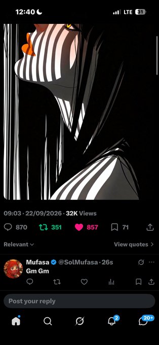 A screenshot of a Twitter/X post from @SolMufasa featuring a striped anime-style illustration with the caption 'Gm Gm', showing 32K views and 857 likes.