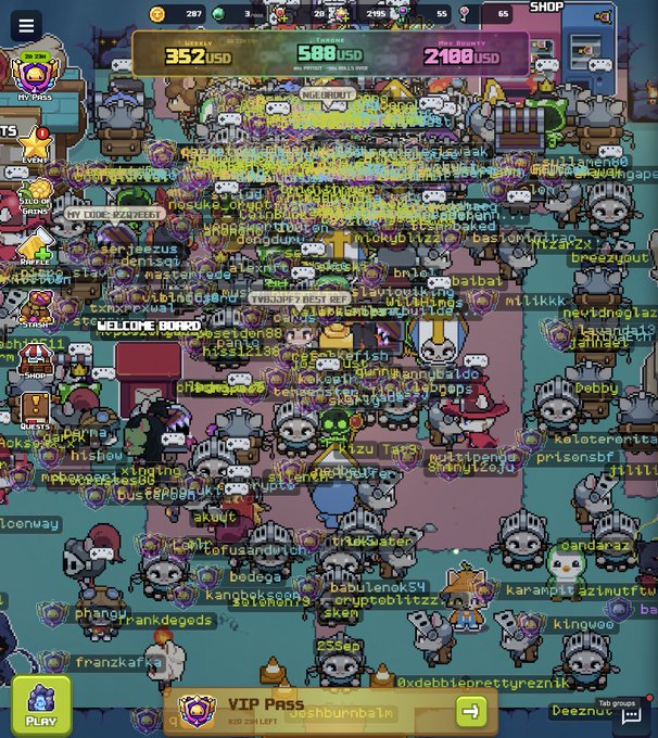 Screenshot of a mobile game interface displaying a crowded virtual world filled with player avatars and usernames, showing weekly USD earnings of 352, tonnage of 580, and mining bonuses totaling 2108.