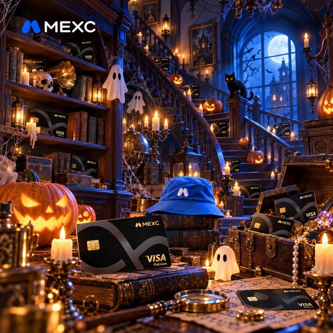 A Halloween-themed promotional image for MEXC featuring Visa Platinum cards displayed in a haunted mansion setting with jack-o'-lanterns, ghosts, and candles.