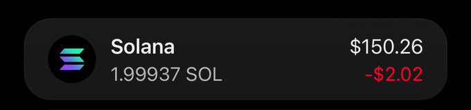 The image shows a Solana balance of 1.99937 SOL valued at $150.26, down $2.02, which aligns with the post celebrating earning $150 from sharing content on MemeMadness about @CadeMarket and @PopPunkOnChain.