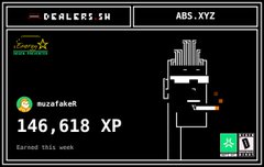 A pixel art style image showing a 'DEALERS SH' (DEALERSHIP) and 'ABS.XYZ' header, featuring a character smoking with 'buzzfakeh' having 146,618 XP earned this week.