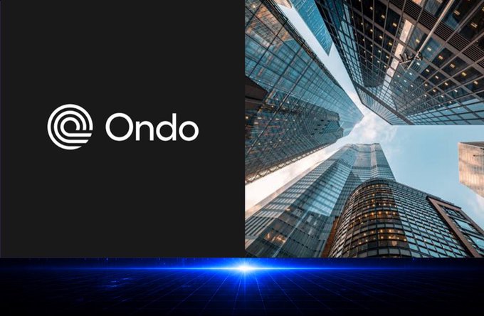 A graphic displaying the "Ondo" logo next to an upward-looking view of modern skyscrapers against a blue sky.