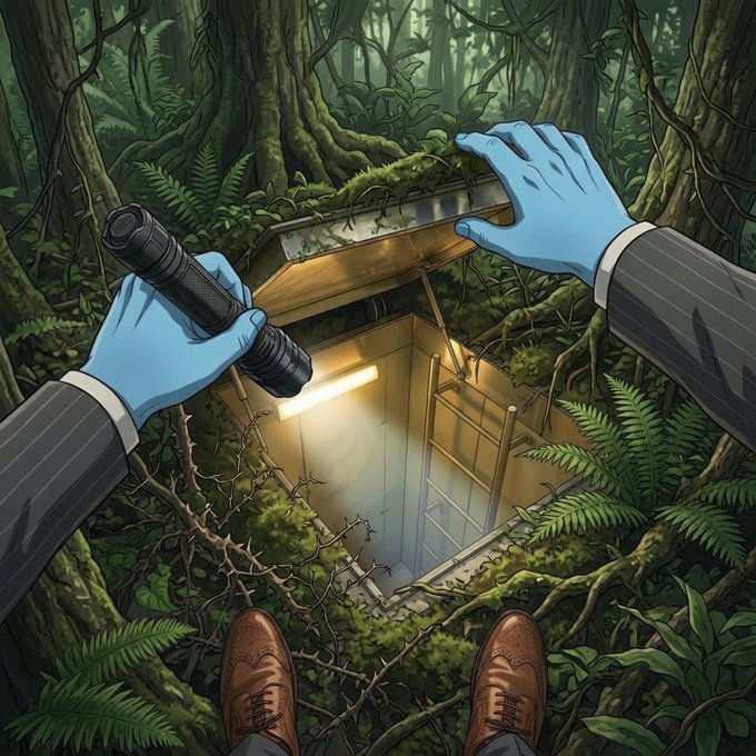 "axolcoin.xyz" is a website that sells digital coins, including a coin called "axolcoin.xyz", which has been described as a "digital goldmine". The image shows an illustration of a person holding a flashlight in front of a small cave-like structure with a door and a window, surrounded by trees and plants.