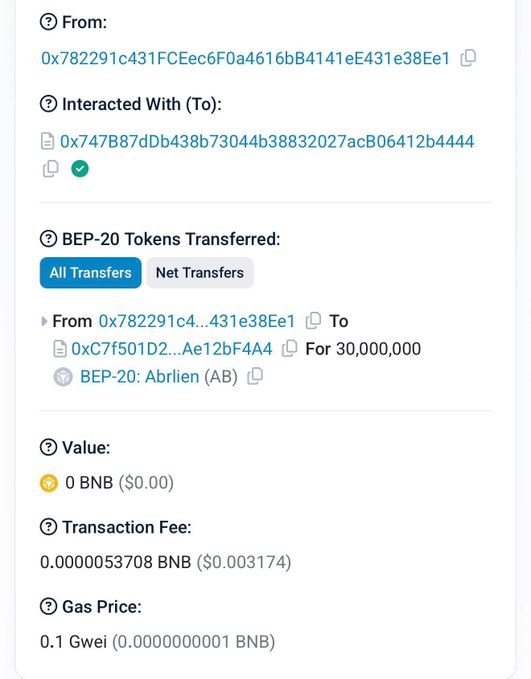 A BEP-20 token transfer showing 30,000,000 Abrlien (AB) tokens sent from one wallet to another, with a transaction fee of 0.0000053708 BNB ($0.003174).