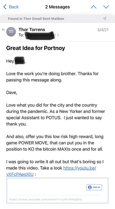 An email screenshot showing a message sent on 5/4/21 from Thor Torrens to "Mike" (Dave Portnoy's contact), pitching him on selling bitcoin to buy Zcash via a personalized YouTube video link, with the visible text "Great Idea for Portnoy" as the subject. The image illustrates the author's claim of having sent Dave Portnoy a personalized video 5 years ago encouraging him to swap his bitcoin for Zcash.