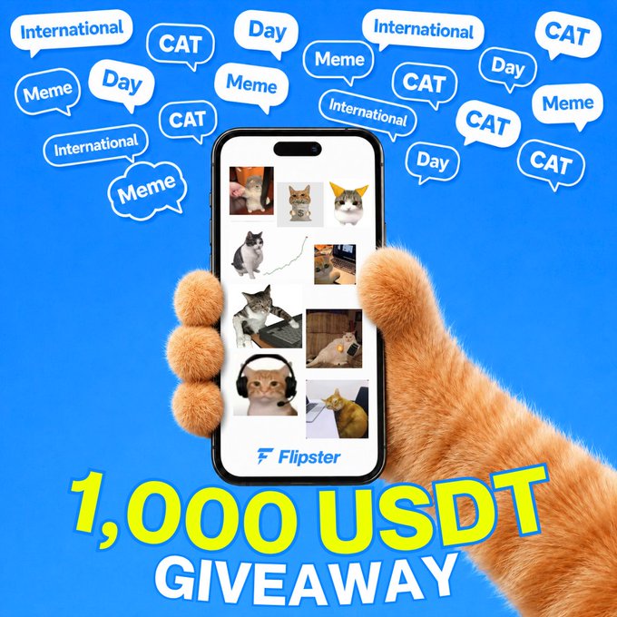 A Flipster promotional graphic for a 1,000 USDT giveaway, featuring an orange cat paw holding a smartphone displaying cat memes, with speech bubbles reading 'International CAT Day' and 'Meme'.