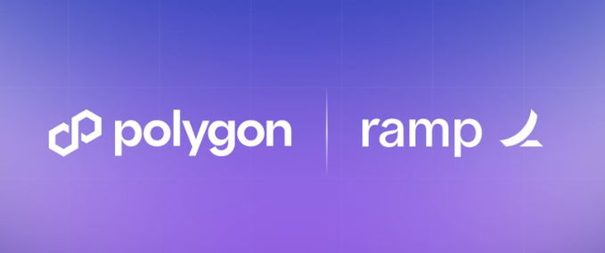 The image displays the logos of "polygon" and "ramp" side by side on a purple gradient background, visually representing the partnership described in the post where Polygon powers Ramp's new stablecoin accounts for over 70,000+ businesses to enable fast, global settlement in USDC/USDT.
