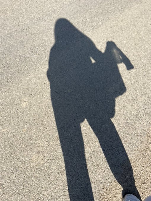 A photograph showing the shadow of a person holding a camera cast on a concrete sidewalk.