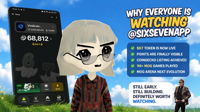A promotional graphic titled 'WHY EVERYONE IS WATCHING @SIXSEVENAPP' features an anime-style character alongside a phone showing the Vindicate token listing, with a small figure of Tom Holland.