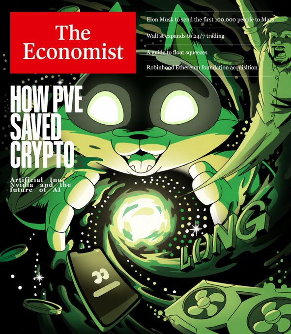 This is a stylized parody of The Economist magazine cover featuring a green cat character holding a glowing crystal ball, with the main headline "HOW PVE SAVED CRYPTO" and a subtitle about "Artificial Inu, Nvidia and the future of AI." Additional cover lines reference Elon Musk sending 100,000 people to Mars, Wall St expanding to 24/7 trading, a guide to float squeezes, and a Robinhood Ethereum foundation acquisition, with "LONG" text and cryptocurrency imagery scattered throughout.