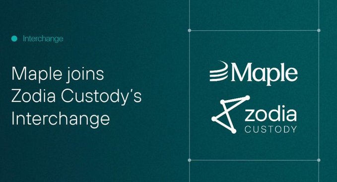 A corporate graphic announces 'Maple joins Zodia Custody's Interchange' with both company logos on a dark teal background.