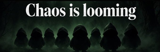Seven shadowy, hooded figures stand shrouded in eerie green mist beneath the bold text "Chaos is looming," visually amplifying the ominous, mysterious tone of the PocketHoods mint announcement for 50 GTD whitelist spots.