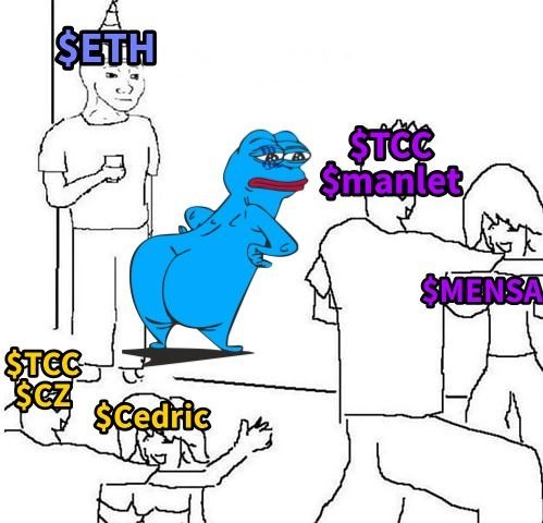 This meme illustrates the Step Finance exploiter, represented by a sad blue Pepe character, feeling left out while others celebrate with $TCC, $CZ, $Cedric, $manlet, and $MENSA. The image relates to the post by depicting a potential contrast between the exploiter's actions and the perceived success or celebration of other crypto entities.