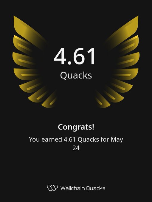 The image features an award for Quacks secured by someone named @kyparus. The award has a gold background with a yellow bird's wing design, and the text reads "Congratulations! You earned 4.61 Quacks for May."