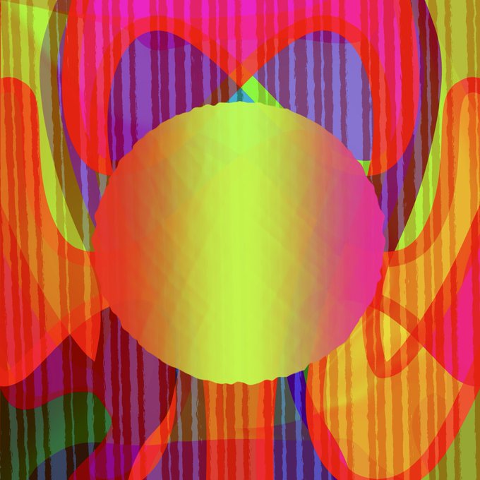An abstract digital painting featuring a bright yellow and red circular form in the center, surrounded by overlapping loops and vertical wavy stripes in pink, red, and green.