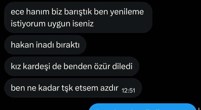 A screenshot of a Turkish text conversation showing messages reading "ece hanım biz barıştık ben yenileme istiyorum uygun iseniz" (ece ma'am, we made up, I want to renew [contact], if you're available), followed by updates about "hakan inadı bıraktı" (hakan gave up his stubbornness) and "kız kardeşi de benden özür diledi" (his sister also apologized to me), with the sender noting "ben ne kadar tşk etsem azdır" (no matter how much I thank [God], it's not enough). The image relates to "RUNE" by documenting a personal resolution/conflict resolution moment being shared with the RUNE community.