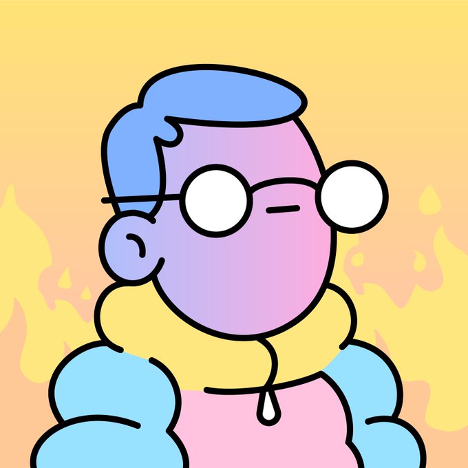 Cartoon illustration of a person with blue hair, round glasses, and a blue puffy jacket against a yellow and orange flame background.