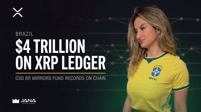 A promotional banner featuring XRP logo text 'BRAZIL $4 TRILLION ON XRP LEDGER' and 'CSD BR MIRRORS FUND RECORDS ON CHAIN', alongside a woman wearing a yellow Brazilian national soccer jersey and a 'JANA' logo.