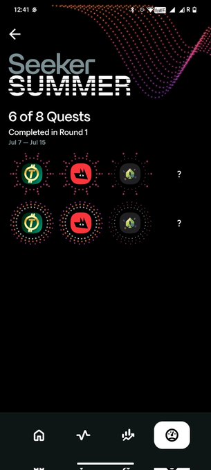 A mobile app screen showing 'Seeker SUMMER' with '6 of 8 Quests' completed in Round 1 from Jul 7-Jul 15, displaying various quest icons and a bottom navigation bar.