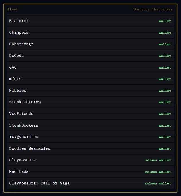 A dark-themed digital list titled 'fleet' and 'the door that opens' displays NFT collections like Brainrot, Chimpers, CyberKongz, DeGods, and others with their corresponding wallet types.