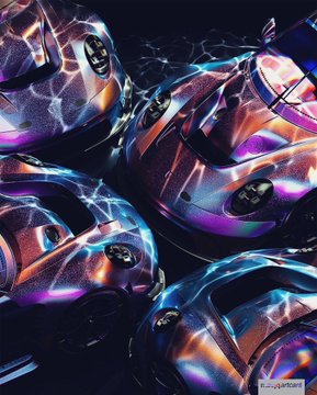 The image features a collection of four shiny, metallic cars with unique colors - purple, blue, orange, and pink. The cars are arranged in a square formation, creating an interesting visual effect as their reflections dance across the surface they rest on. The background is dark, which further accentuates the vibrant colors of the cars. The caption at the bottom of the image reads "beautiful art. beautiful cars. living on eth."