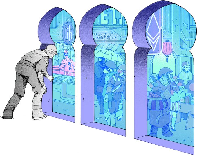 A stylized illustration showing an astronaut peering through arched windows into cyberpunk scenes, including a cafe and a market with figures holding umbrellas and lanterns.