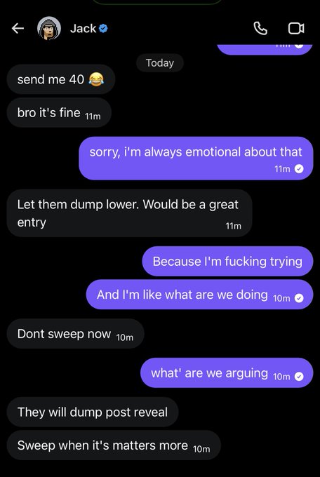 The image shows a screenshot of a text message conversation between two people. The messages are displayed in black text against a white background, with each person's name and their respective messages separated by lines. One person has sent a message that reads "Jack", while the other person has sent a message that says "Let them dump lower, would be a great entry". There is also an additional message from another person who wrote "Blocked. “ let them dump lower, don't sweep x.com/oranj0x/status ...". The focus of this image is on the conversation and the messages being sent between the two people.