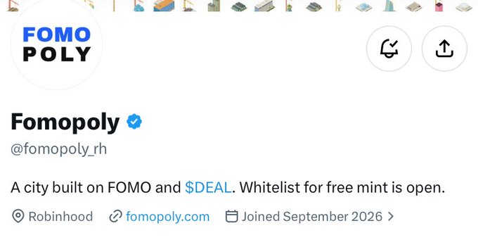 A Twitter profile for 'Fomopoly' (@fomopoly_rh) with a verified checkmark, describing itself as 'A city built on FOMO and $DEAL. Whitelist for free mint is open.' The account joined September 2026 and is linked to Robinhood and fomopoly.com.