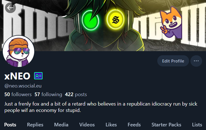 A social media profile for 'xNEO' (@neo.wsocial.eu) with 50 followers, featuring anime-style banner art with glowing neon eyes and a cartoon fox character, along with a self-deprecating bio.
