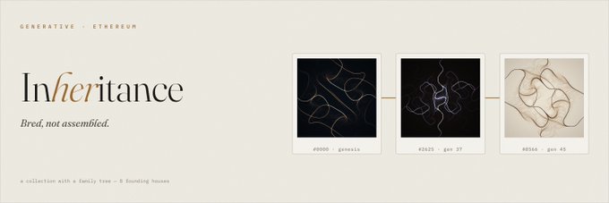 A promotional graphic for an NFT collection titled 'Inheritance' with the tagline 'Bred, not assembled,' featuring three example generative artworks labeled #0000 Genesis, #2025 gen 37, and #0566 gen 45 under the 'GENERATIVE > ETHEREUM' category.