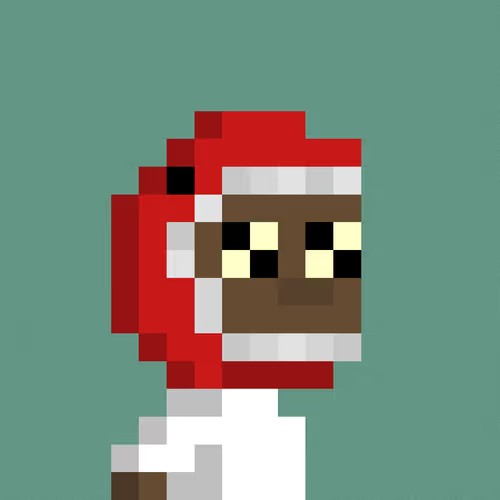 Pixel art of a Minecraft-style character with dark brown skin, wearing a red and white hood/headpiece, set against a solid teal background.