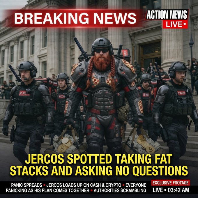 The image shows a group of people dressed in black military uniforms walking down a street, with one person holding a large amount of money. The text in the image reads "BREAKING NEWS: OG Cryptoboss @jercos has been spotted downtown, giving absolutely no flux as he stacks fat stacks of cheesy bread from the bank When asked for comment, he laughed at the panic and said something about 
"Number go up." This statement is likely a reference to the popular video game "OG CryptobOSS". The image also includes a link to a post on social media that reads "BREAKING NEWS: OG Cryptoboss @jercos has been spotted downtown, giving absolutely no flux as he stacks fat stacks of cheesy bread from the bank When asked for comment, he laughed at the panic and said something about 
"Number go up." This reference is likely a playful nod to the game's title.