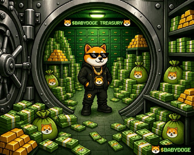 A cartoon Shiba Inu wearing sunglasses and a "$BABYDOGE" medallion stands in a massive vault filled with stacks of cash, gold bars, and money bags branded with the BabyDoge dog logo, with "$BABYDOGE TREASURY" displayed above the entrance. The image visually reinforces the post's message by depicting the token as a wealth-generating asset, suggesting early holders will reap significant gains as the bull market unfolds.