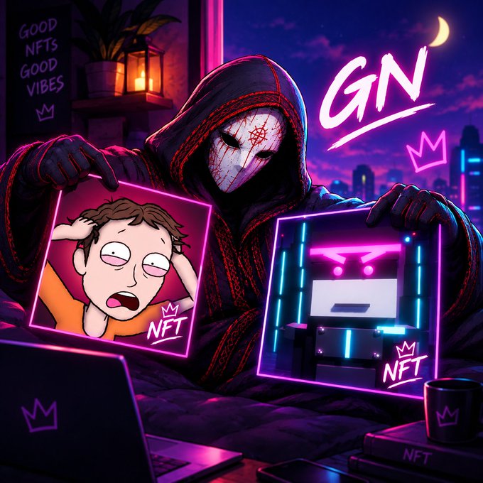 An AI-generated image showing a hooded figure in a mask holding two NFT images, one featuring Morty from Rick and Morty, with 'GOOD NFTS GOOD VIBES' written on the wall and 'GN' in neon letters.