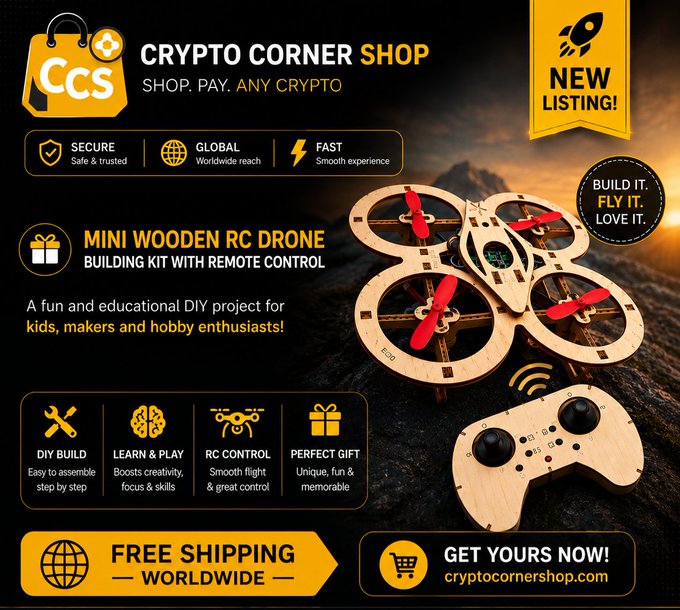 The image displays a banner advertisement from the Cryptoc Corner Shop, which features a wooden RC drone that can be assembled by kids or hobbyists using an online tutorial video. The shop offers free shipping worldwide for this product, making it an appealing option for customers looking for an affordable and educational toy.