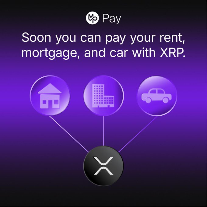 A promotional graphic for "MP Pay" with a purple gradient background announces, "Soon you can pay your rent, mortgage, and car with XRP," showing three circular icons—a house, building, and car—connected by lines to the XRP logo at the bottom. The image visually reinforces the post's message about expanding XRP's real-world utility by enabling it to be used for everyday expenses like rent and car payments.