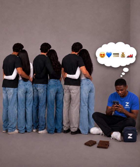 A man in a blue shirt sits on the floor looking at his phone with a dreamy thought bubble showing heart-eyes, a credit card, money, and a car, while three couples stand with their backs turned embracing each other next to him.