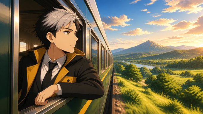Anime-style illustration of a silver and dark-haired young man in a suit leaning out the window of a green train, looking at a scenic landscape with mountains, a lake, and fields under a sunset sky.