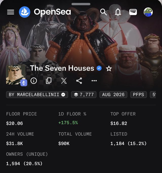 An OpenSea NFT collection page for "The Seven Houses" by MARCELABELLININI, showing a floor price of $20.06, 24H volume of $31.8K, and total volume of $90K.