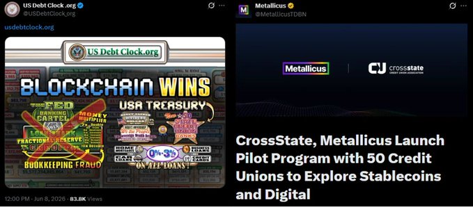 In this image, there are two posts displayed side by side against a gray background. The top post has information about the US Dollar Clock showing Bitcoin winning some blocks. The bottom post features a news article about mining and the launch of a new protocol called CrossState. It also mentions Mastercard agents and credit unions coming toward the same destination. The image aims to draw attention to these events by juxtaposing different topics, such as cryptocurrency and financial developments.