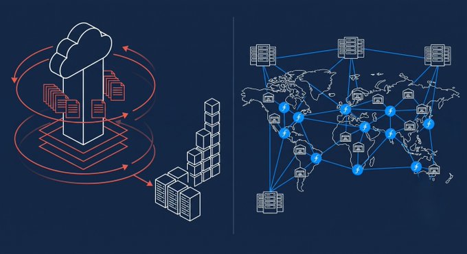 The image depicts a cloud computing concept on the left, showing data flowing from a cloud to stacked server racks, alongside a world map on the right with interconnected server locations across continents. It illustrates Dropbox's migration off AWS, highlighting how decentralized data infrastructure like Filecoin eliminates egress fees and delivers cost savings similar to those reported in Dropbox's SEC filings.
