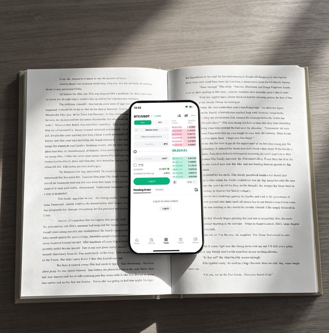 A smartphone displaying a Bitcoin (BTC/USDT) trading interface showing a market price of $86,624.01, resting on top of an open book.