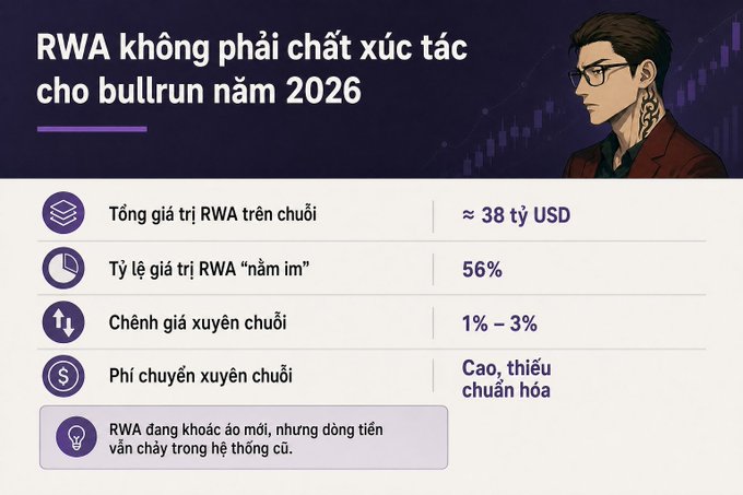 An informational Vietnamese slide titled 'RWA không phải chất xúc tác cho bullrun năm 2026' presents statistics about Real World Assets, including a total RWA value of approximately 38 billion USD and a 56% "sleeping" value ratio.