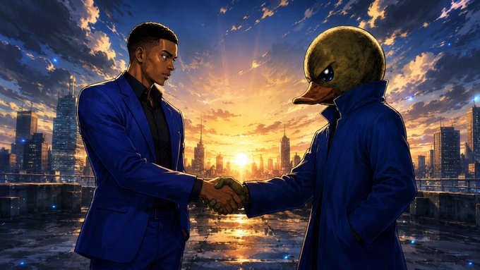 Digital illustration of a man in a blue suit shaking hands with a humanoid duck wearing a blue jacket, set against a sunset cityscape.