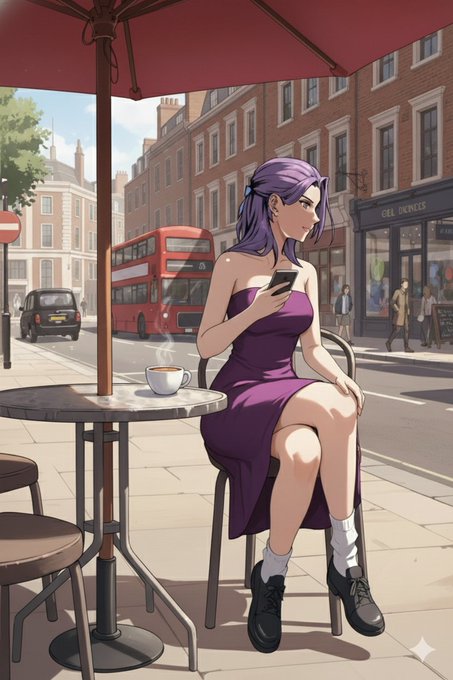 A woman with purple hair in a purple dress sits at a street-side café table checking her phone, with a red double-decker bus and a "GEL DICKERS" storefront visible in the background, illustrating the post's theme of crypto trading and airdrop opportunities through mobile financial activity.